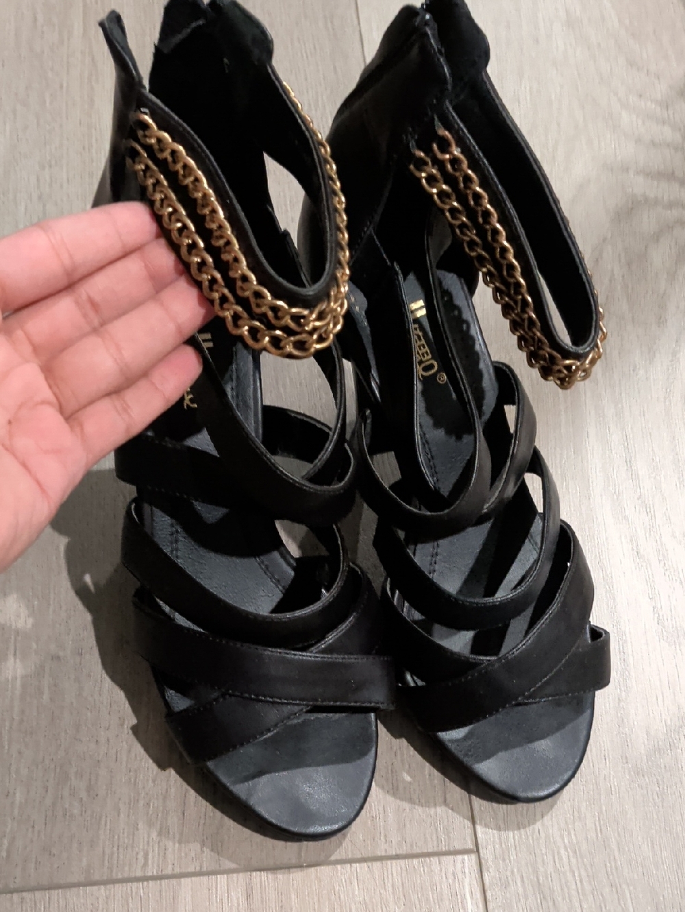 Black Strappy High Heel Sandals with Gold Chain Accent